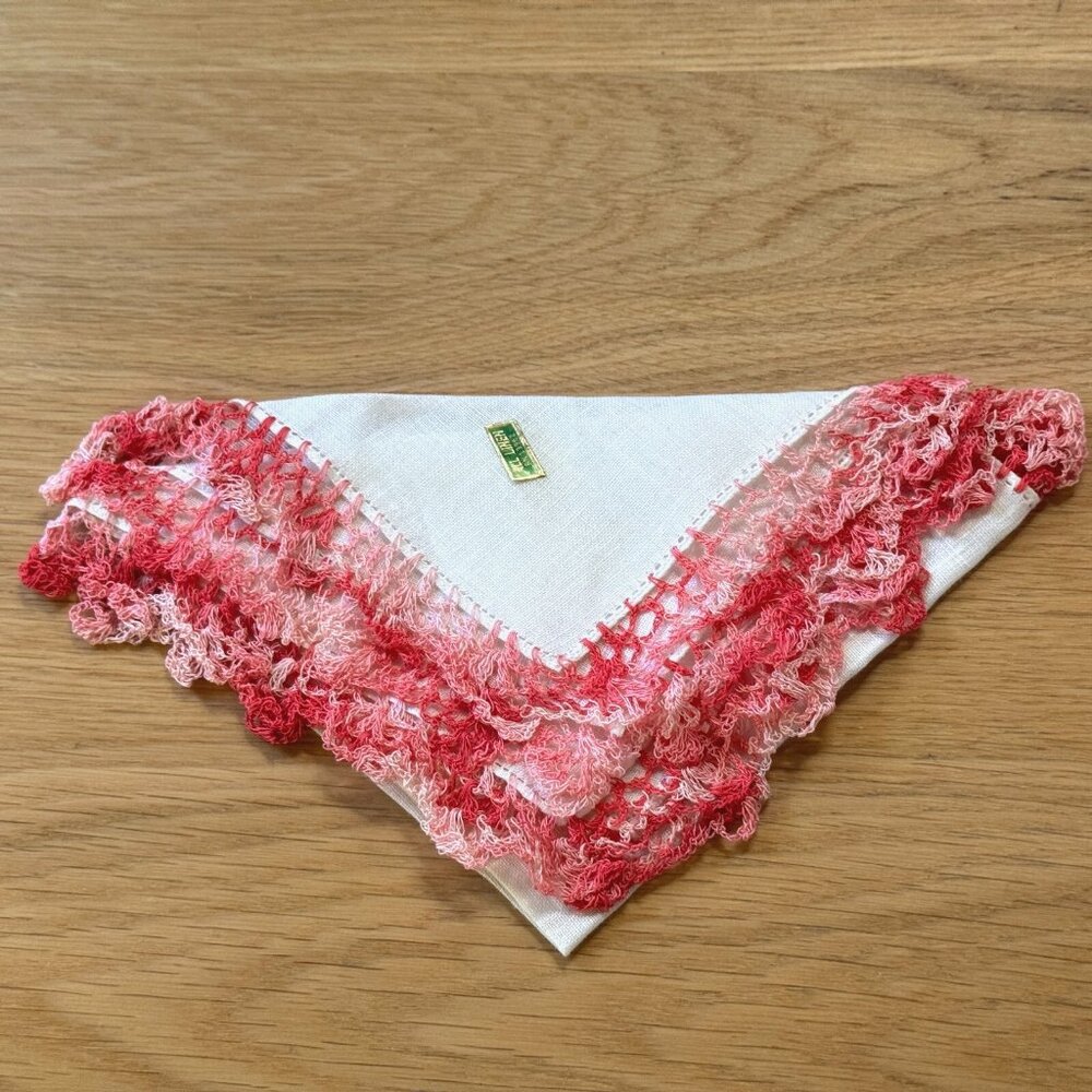 Vintage Hanky Linen Handkerchief with Pink Lace Crochet Trim, RN 13962